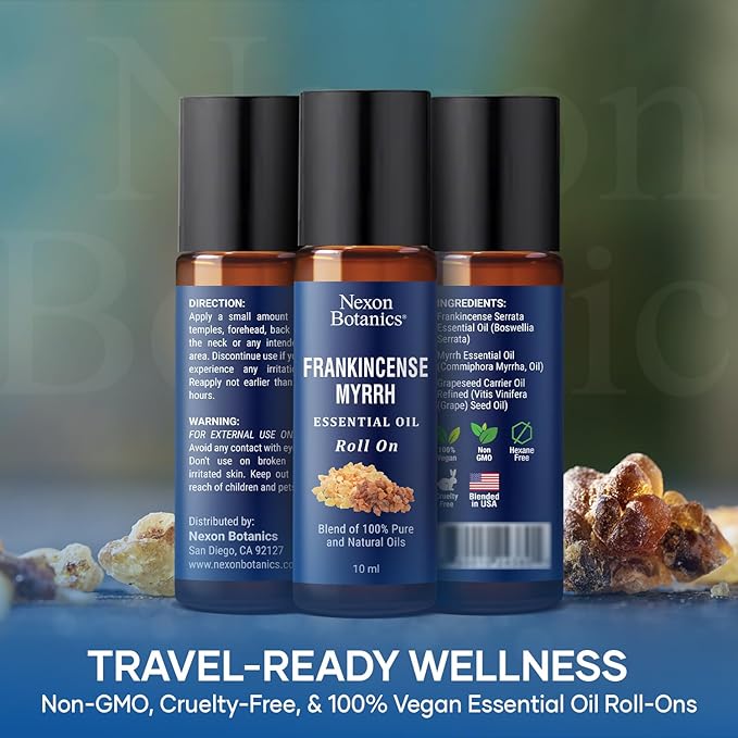 Frankincense & Myrrh Essential Oil Roll-On 10ml - 100% Pure, Natural Oil for Aromatherapy & Skin Care - Nexon Botanics