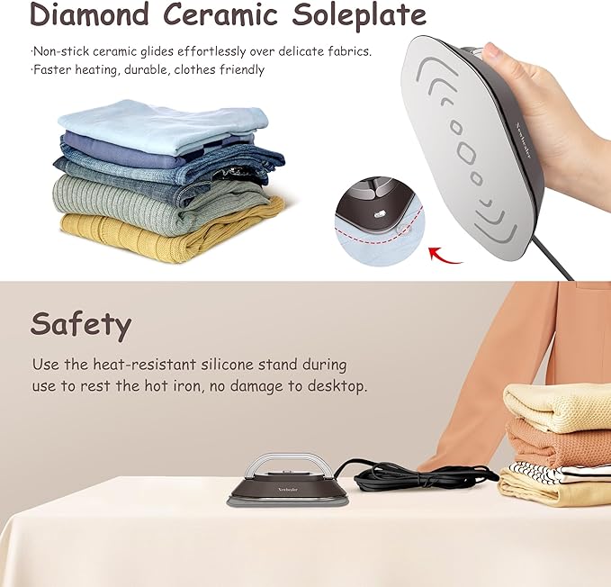 Newbealer Travel Iron with Global Voltage, 100-240V Mini Dry Iron for Clothes (No Steam), Max 300W, 60s Heat Up, 302℉ Non-Stick Ceramic Soleplate, 0.8lbs Ultra-Lightweight (Brown)