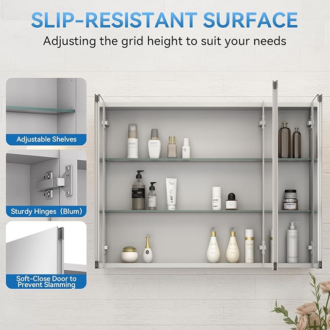 Sunrosa Aluminum Bathroom Medicine Cabinet with Mirror, 36"27.5", Wall-mountable and Recessed-in, 2 Doors Cabinet Organizer