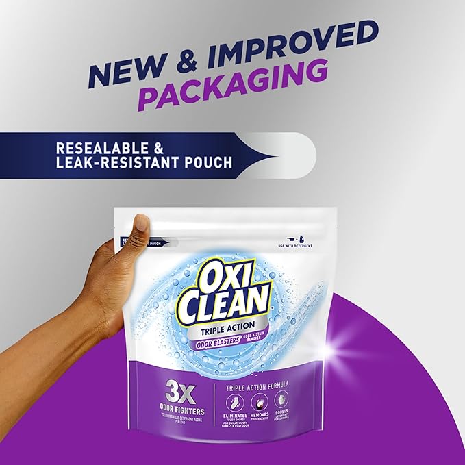OxiClean Triple Action Odor Blasters Odor and Stain Remover Powder, Use with Detergent, Eliminates Tough Odors and Removes Stains, Color Safe and Chlorine Free, 4 lbs