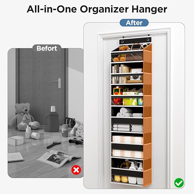 Over The Door Organizer, 6 Shelf Door Hanging Organizers with 6 Large Capacity Pockets, Behind Door Storage Hanging Shelves for Closet Wall Bathroom Bedroom Nursery