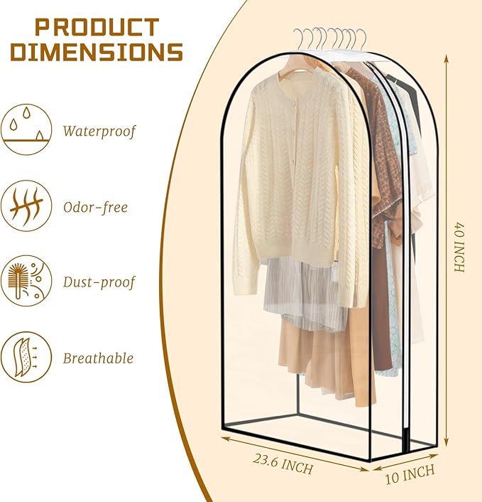 3 Pack 10" Gusseted Garment Bags for Hanging Clothes, 40" All Clear Suit Bags for Closet Storage, Garment Bags for Shirts, Coats, Dresses