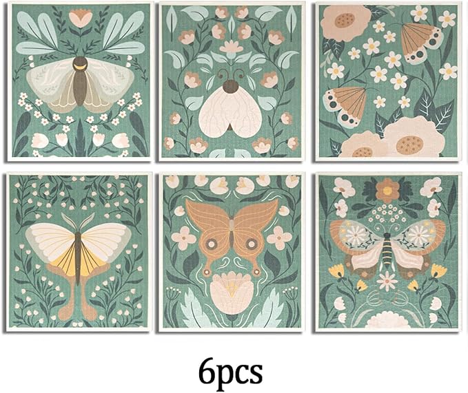 6 - Pack Swedish Kitchen Dish Cloths - Reusable Paper Towels for Counters & Dishes - Eco Friendly Cellulose Sponge Cloth - Assorted (Butterfly)