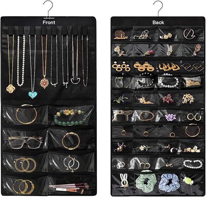 Hanging Jewelry Organizer for Closet, Double-Sided 48 Pockets & 8 Necklaces Holder Jewelry Hanging Organizer to Store Earrings, Necklaces, Bracelets, Rings