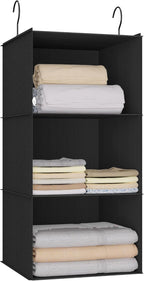Hanging Closet Organizer - 3-Shelf, Easy Mount Foldable Wardrobe Storage Shelves for Clothes, Handbags, Shoes & Accessories - Washable Oxford Cloth Fabric, Black