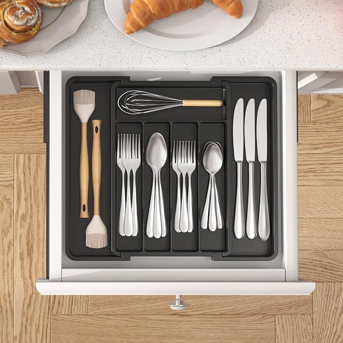 Lifewit Silverware Drawer Organizer, Expandable Utensil Tray for Kitchen, BPA Free Flatware and Cutlery Holder, Adjustable Plastic Storage for Spoons Forks Knives, 8.5"-14.1" x 12.1", Black