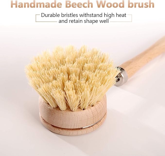 Boao Dish Brush with Beechwood Handle with 2 Replacement Heads Natural Wood Dish Scrub Brush for Washing and Cleaning Pots and Pans