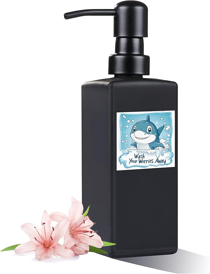 Soap Dispenser Bathroom, JINLIFA 12oz Black Glass Refillable Liquid Hand Dish Soap Dispenser (5 Labels)