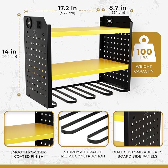 Power Tool Organizer - 6 Drill Holder Wall Mount, 3 Tier Heavy-Duty Hand Storage Rack, Utility Racks, 2 Pegboard Sides - Garage Cordless Organizer (Yellow)