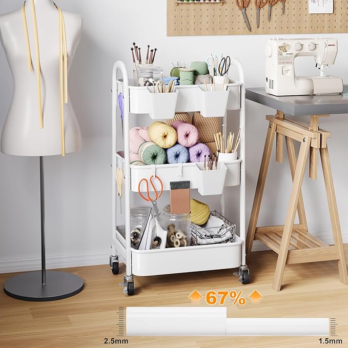 3 Tier Rolling Cart Metal with Wheels, Heavy Duty White Three Tiered Craft Cart Organizer on Wheels, Utility Roller Storage Carts for Art, Baby Nursery, Diaper Caddy, Snack,Book,Nail,Cleaning Supplies