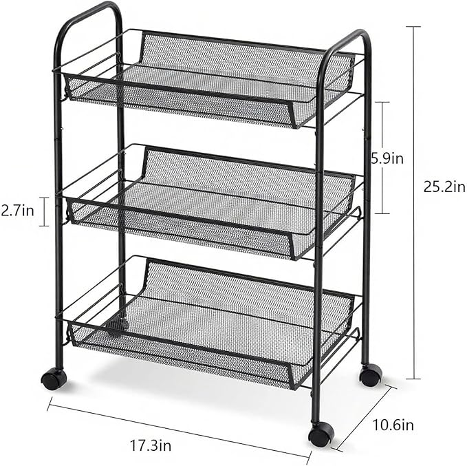 3 Tier Rolling Cart, Rust-Resistant Mesh Wire Metal Utility Cart with Wheels & 4 Side Hooks, Tool-Free Assembly, for Kitchen, Bathroom, Laundry Room, Living Room, Pantry, Dorm