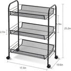 3 Tier Rolling Cart, Rust-Resistant Mesh Wire Metal Utility Cart with Wheels & 4 Side Hooks, Tool-Free Assembly, for Kitchen, Bathroom, Laundry Room, Living Room, Pantry, Dorm
