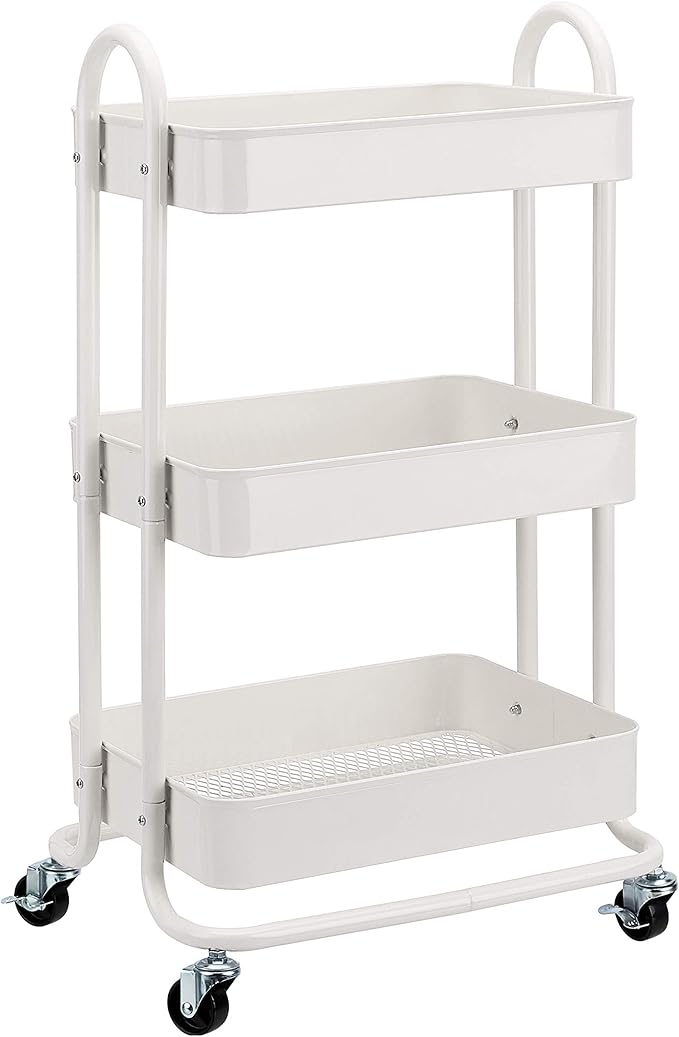 Amazon Basics 3-Tier Rolling Utility or Kitchen Cart, Lockable Wheels, Multifunctional Storage, White