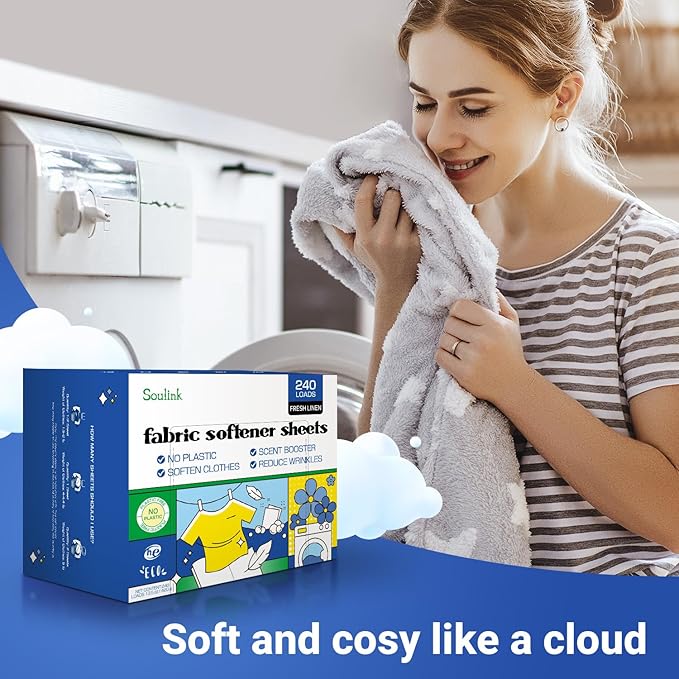 Soulink Fabric Softener Sheets for Washing Machine, No Plastic Jug Soap Strips, Alternative to Fabric Softener Liquid and Pods, Fresh Linen Scent, Up to 240 Loads