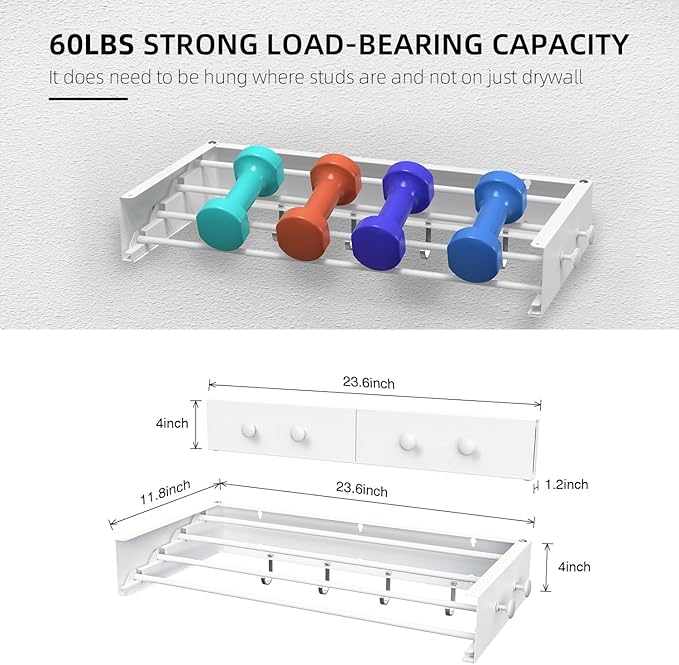 Drying Rack Clothing,Clothes Drying Rack Wall Mounted,Laundry Drying Rack Wall Mount,Foldable,Collapsible,60 lb Capacity 5 Aluminium Poles with 12 Hooks (White, 23.6'')