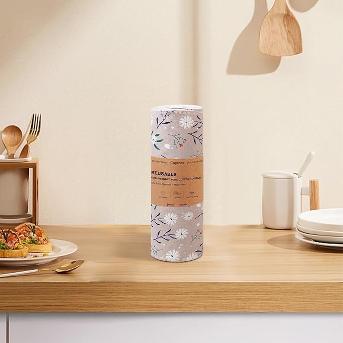 Reusable Dishcloths Kitchen Towels Cotton: 30 Packs 10X10 Washable Roll Paperless Paper Towels Absorbent Dishcloths Set Dish Tea Towel for Kitchen Drying (15Bee+15Daisy, 10×10")