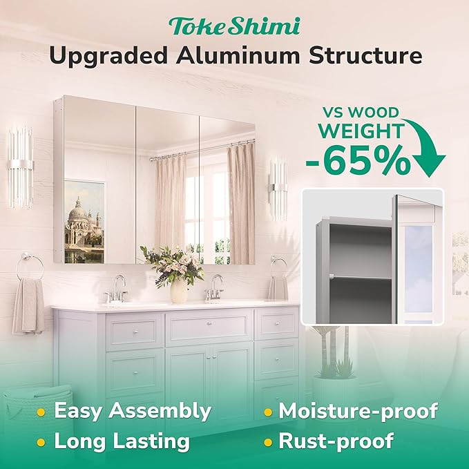 TokeShimi 48x26 Recessed Medicine Cabinet with Mirror Aluminum, Silver Tempered Frameless Bathroom Mirror with Storage Adjustable, White Wall Mounted Medicine Cabinet for Bathroom Farmhouse