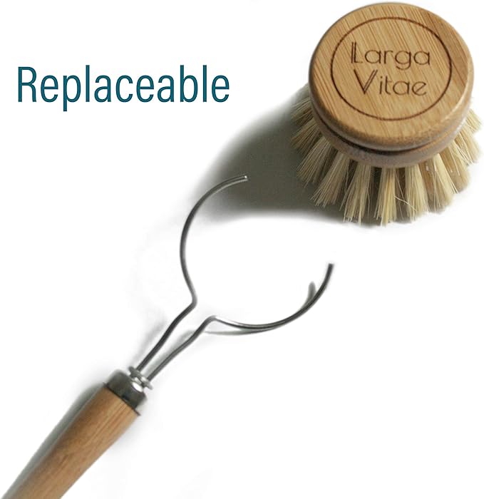 Wooden Dish Brush Made of Renewable Bamboo Wood and Natural Bristle Tampico Fiber, includes 5 Replacement Brush Heads, Durable, Long Lasting, All Purpose Kitchen Scrubber