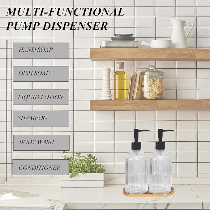 Glass Hand and Dish Soap Dispenser Set of 2 with Plastic Pumps, Bamboo Tray, 13.5oz Clear Bathroom Soap Dispenser with Vertical Stripe for Hand Wash & Dish Wash, Ideal for Bathroom Kitchen Countertop