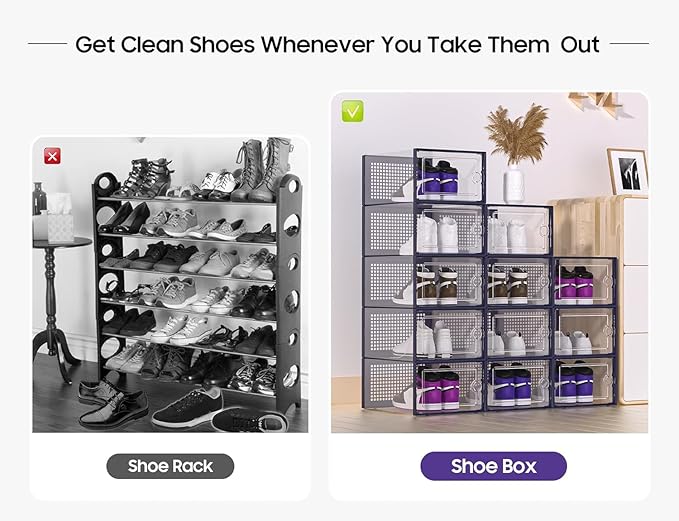 Kuject X-Large Shoe Storage Boxes Organizers Clear Plastic Stackable 12 Pack, Shoe Rack & Holder Substitute, Sneaker Containers, Toy Storage Organizer Bins for Entryway, Closet, Under Bed, Blue