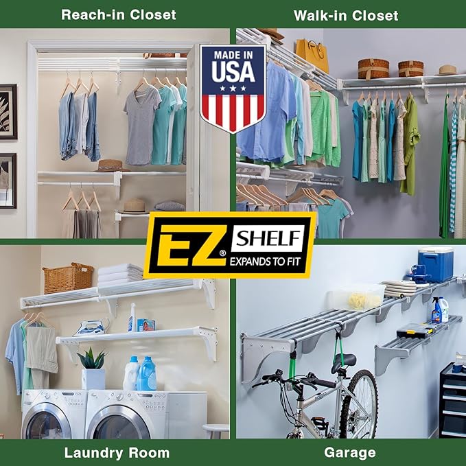 EZ Shelf - Hanging Shelf - Closet Rod - Expands 17.5-27” - White, Closet Shelves - Strong, Holds 200 lbs - DIY, Easy Install - to 2 Side Walls - Alternative to Wire Shelving
