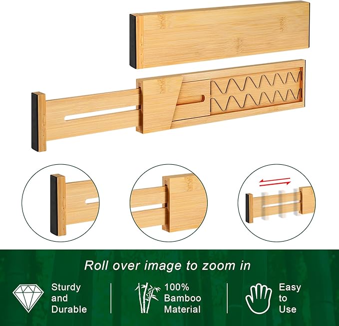 4 Pack Bamboo Kitchen Drawer Dividers 2.6" High, Adjustable from 12 Inch to 17 Inch Drawer Organizers, Expandable Drawer Separators for Clothes, Bedroom, Dresser, Office (Beige)