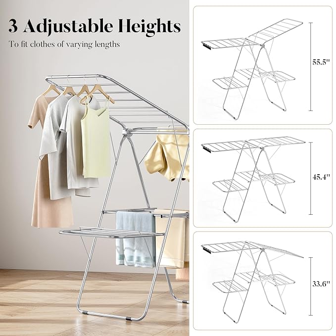 APEXCHASER Clothes Drying Rack with 4 Wings, Stainless Steel Drying Rack Clothing with Sock Clips, Metal Connectors, Height-Adjustable, Foldable Laundry Drying Rack, Indoor Outdoor Use, No Assembly