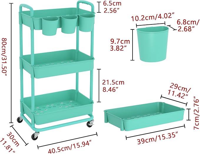 JIUYOTREE 3-Tier Plastic Rolling Storage Cart Utility Cart with Extra Hanging Cups Handles Lockable Wheels for Living Room Bathroom Kitchen Office Green