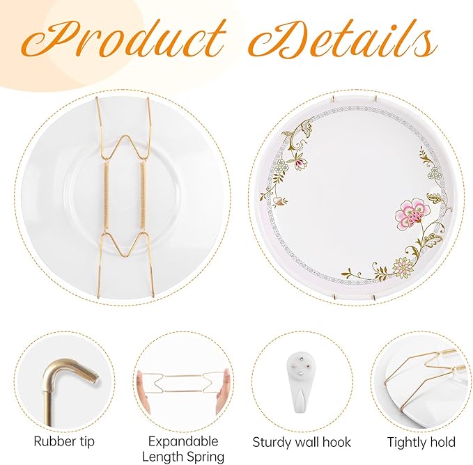Plate Hangers for The Wall, Suitable for 10-14 inch Decorative Plate, Stainless Steel Wire Plate Holder with Wall Hooks and Rubber tip Protectors, Plate Hangers for Displaying Plates, Platter, Gold