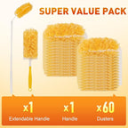 Heavy Duty Duster Refills, Disposable Dusters Kit for Cleaning Dusting Furniture Blind Ceiling Fan, Multi Surface 360 Feather Duster(60)+3FT Extended Handle +1 Handle