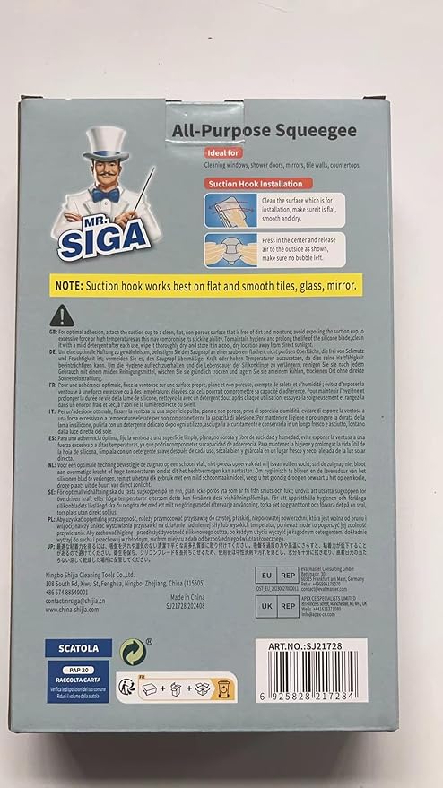 MR.SIGA Multi-Purpose Silicon Squeegee for Window, Glass, Shower Door, Car Windshield, Heavy Duty Window Scrubber, Includes Suction Hook, 10 inch, Gray & Black, 1 Pack