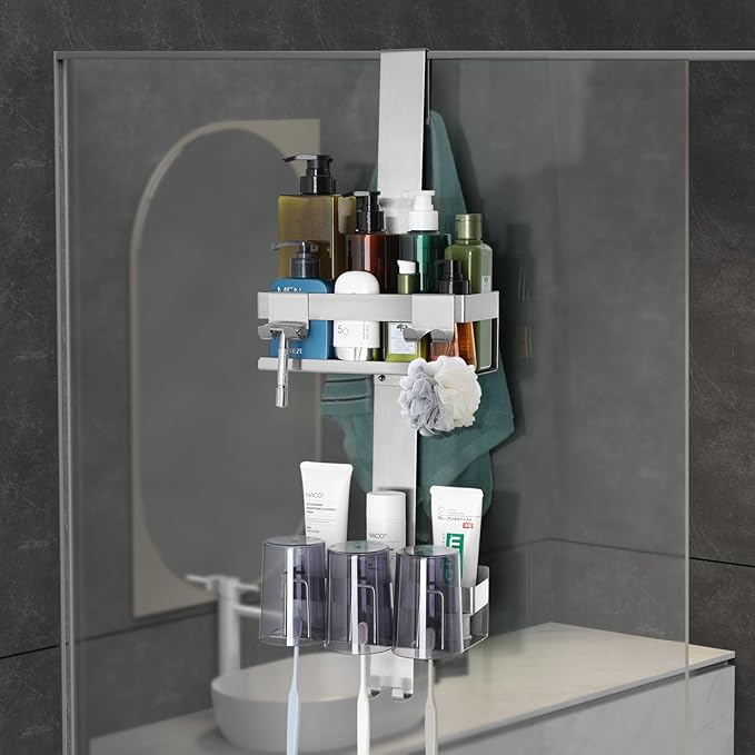 Over The Door Shower Caddy 2 Tier, 304 Stainless Steel Hanging Shower Caddy Rustproof Shower Shelves, No Drilling Hanging Shower Organizer for Bathroom Glass Door, Silver