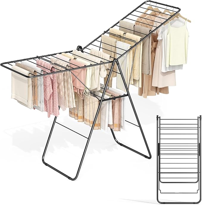APEXCHASER Clothes Drying Rack, Oversized Drying Rack Clothing with Height-Adjustable, Foldable Gullwings Metal Laundry Rack, Indoor Outdoor Use, No Assembly, Black