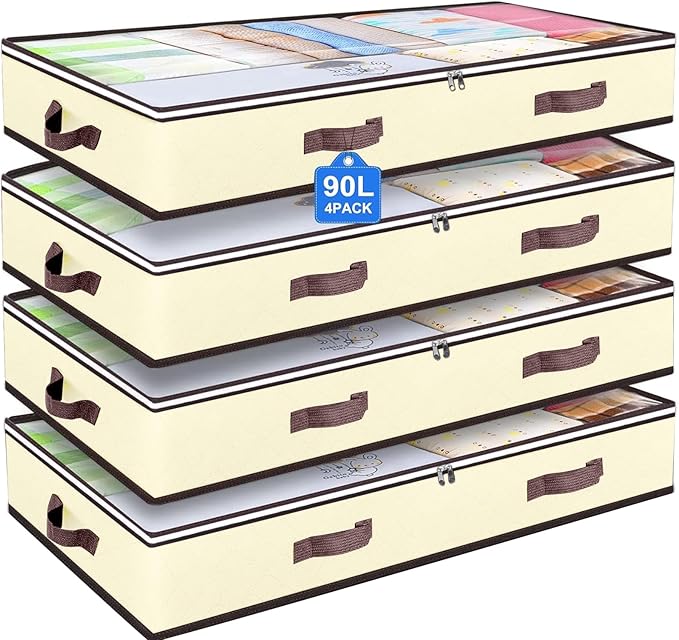 90L Under Bed Storage Containers, Closet Organizers and Storage Bins, Foldable Underbed Storages Bags for Blankets, Towels, Comforter, Sweaters, Pillows, Linen Sheets, Wrapping Paper, 4 Pack Beige