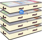 90L Under Bed Storage Containers, Closet Organizers and Storage Bins, Foldable Underbed Storages Bags for Blankets, Towels, Comforter, Sweaters, Pillows, Linen Sheets, Wrapping Paper, 4 Pack Beige