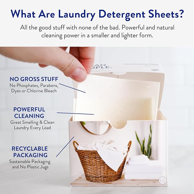 The Clean People Unscented Baby Laundry Detergent Sheets - Hypoallergenic - Ultra Concentrated, Recyclable Packaging, Fights Stains & Odors on Baby Clothes & Bedding - Fragrance Free, 32 Pack