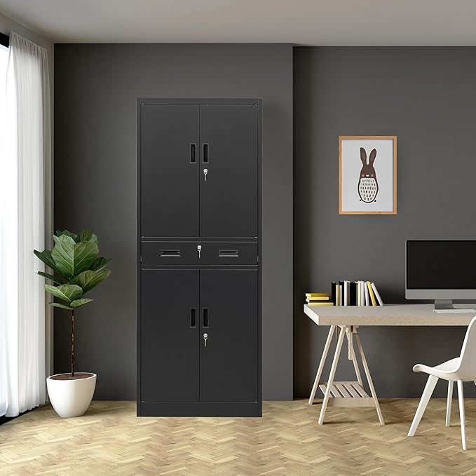 Metal Storage Cabinets with 1Drawer, 71" Storage Cabinet with 4 Locking Doors and 2 Adjustable Shelves, Steel Storage File Cabinet for Pantry Home, Kitchen, Office, Garage (Black)