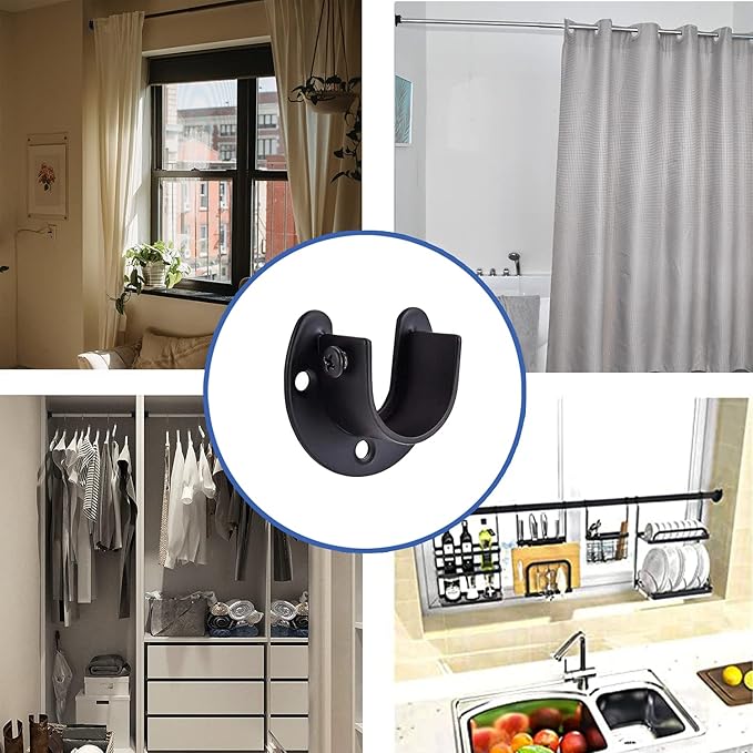 Stainless Steel Closet Rod Bracket, 1-1/2 Inch Diameter Closet Rod Holder 2 Pcs, Heavy Duty Curtain Rod Holder, Black Closet Rod Support with Screws