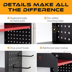 Power Tool Organizer - Wall Mount Storage for Garage Organizes 4 Cordless Drills & Tools - Heavy Duty Rack w Pegboard Sides Shelves & Hooks - Neatly Holds Screwdrivers & Drill Bits RED/BLACK