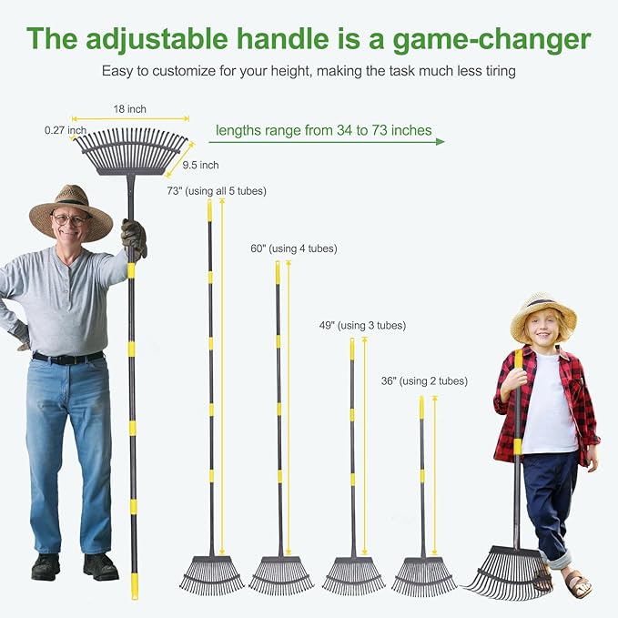 25 Metal Tines Rake for Leaves, 36-73" Adjustable Handle Garden Rakes,18" Wide Heavy Duty Rake with 32Gallon Reuseable Leaf Bag, A Great Cleanup Set for Lawn, Garden, Yards, Shrub,Grass, RV Camping
