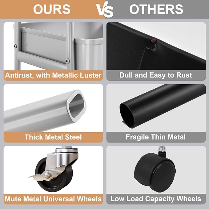 Gray 3 Tier Rolling Storage Cart on Wheels, Sturdy Metal Organizer Cart with Wheels and Handle, Three Tiered Utility Carts for Book, Art, Craft, Snack, Cleaning, Kitchen, Easy Assembly, Mesh Shelves