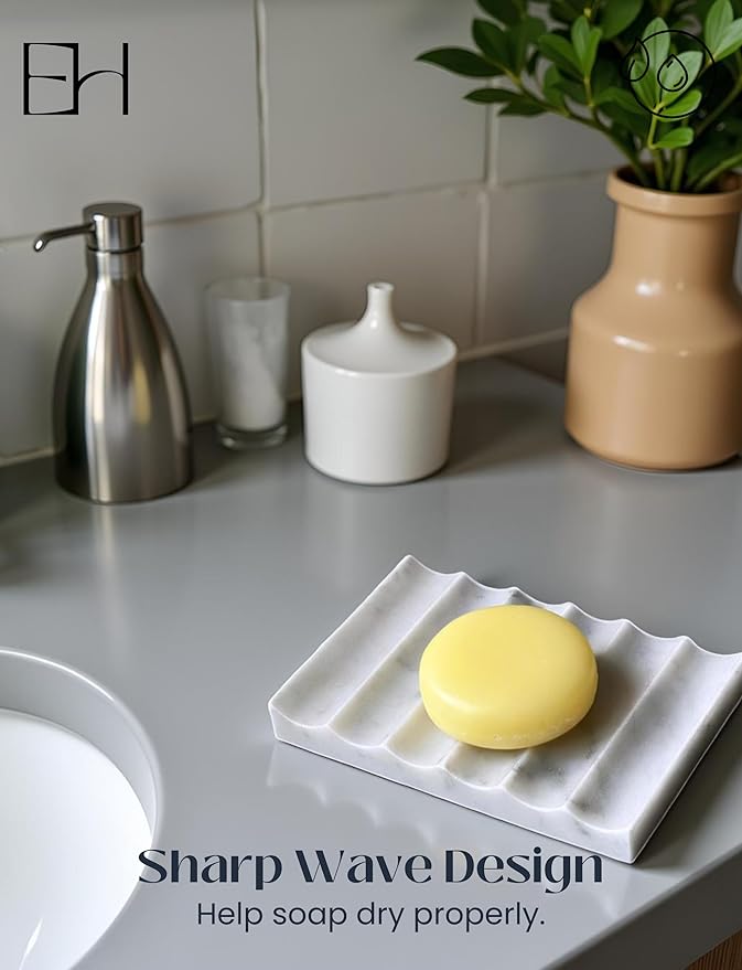 Marble Soap Dish - Soap Dish for Shower, Shower Bar Soap Holder, Real Marble Bathroom Tray, Decorative Stone Soap Dish with Drainage (Calacatta White, Sharp Wave)