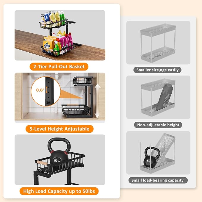 Under Sink Organizer,2 Pack 2 Tier Under Sink Organizers and Storage,Slide Out Pull Out Cabinet Organizer Shelf,Metal Sliding Drawer for Kitchen Bathroom Pantry Cabinet Closet Organization Rack Black