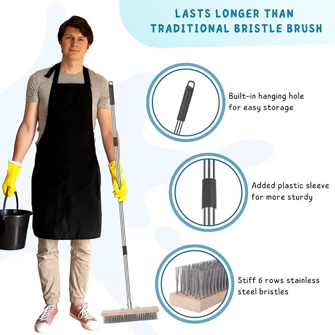 Stainless Steel Wire Scrub Brush with Long Handle for Deck, Concrete, Patio Floor Cleaning, 59'' Heavy Duty Stiff Metal Bristle Scrubber Broom for Outdoor Moss Removal