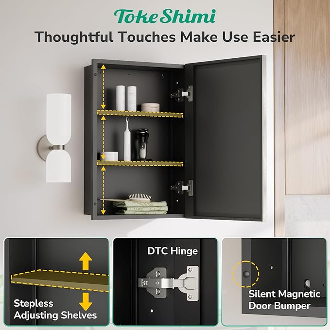 TokeShimi 20 x 26 Recessed Medicine Cabinet with Mirror, Brushed Nickel Bathroom Medicine Cabinet with Mirror Wall Mounted, Stepless Adjustable Shelves
