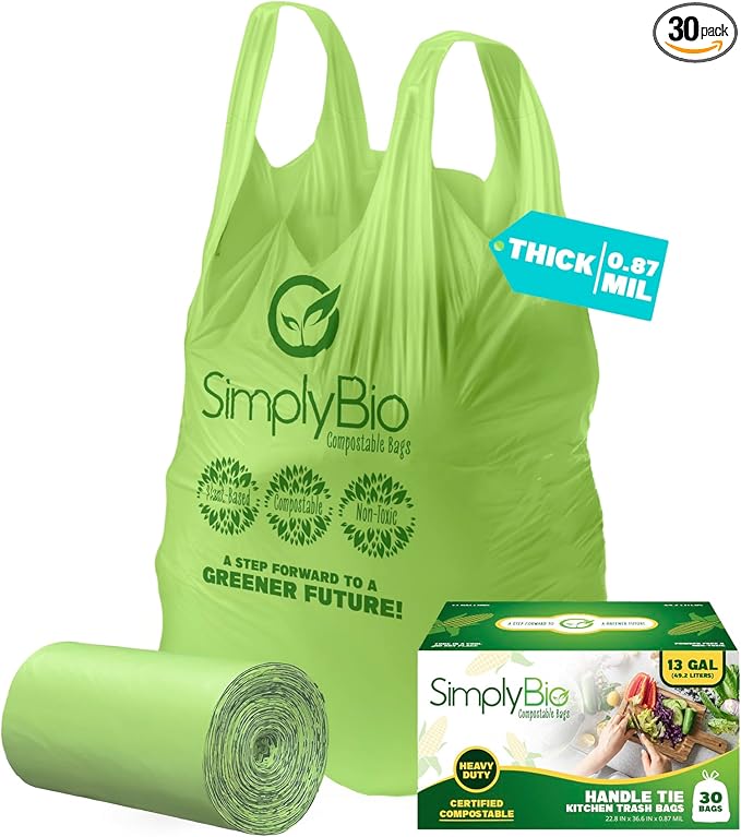 13 Gallon Compostable Trash Bags Liners with Handle-Tie, Thick 0.87 Mil, 49.21 Liter, 30 Bags, Tall Kitchen Food Scrap Waste Bag, ASTM D6400, US BPI and OK Compost Home Certified
