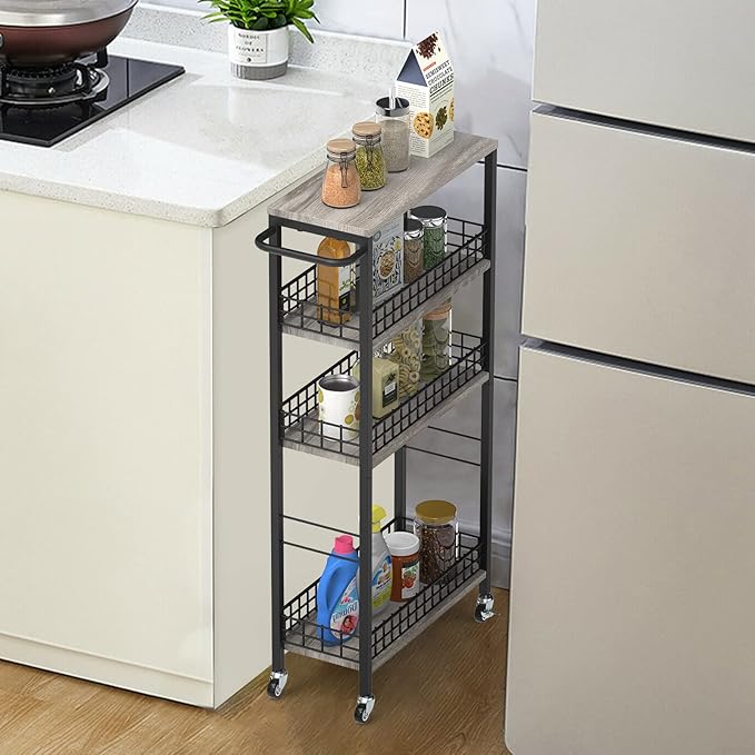 4 Tier Slim Storage Cart Narrow Laundry Cart on Wheels Utility Kitchen Rolling Cart with Wood Tabletop Mobile Shelving Unit Bathroom Storage Organizer Slide Out Rolling Tower for Narrow Spaces