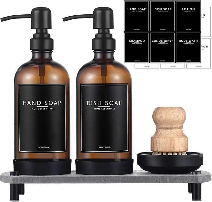 Kitchen Soap Dispenser Set with Instant Dry Tray,16 Oz Hand and Dish Soap Amber Glass Dispenser Set,Stainless Steel Pump,Waterproof Labels&Dish Brush,Luxury Soap Bottle for Kitchen,Bathroom