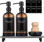 Kitchen Soap Dispenser Set with Instant Dry Tray,16 Oz Hand and Dish Soap Amber Glass Dispenser Set,Stainless Steel Pump,Waterproof Labels&Dish Brush,Luxury Soap Bottle for Kitchen,Bathroom