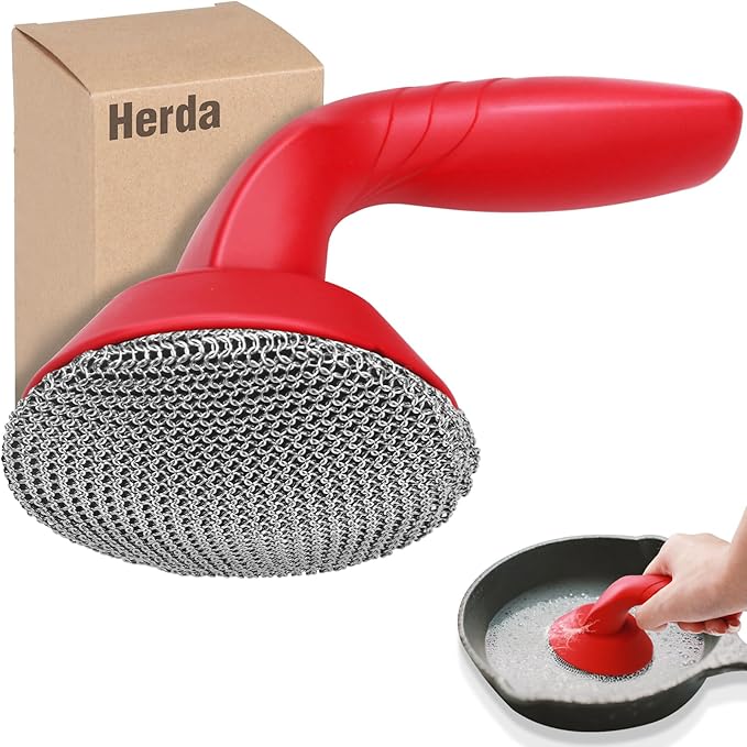 Cast Iron Cleaner Scrubber with Handle -3mm Welded Chain Mail Cast Iron Scrubber Brush-Chainmail Sponge Scrub Cleaning Tool to Clean Skillets, Pan,Griddle, Wok, Dutch Oven